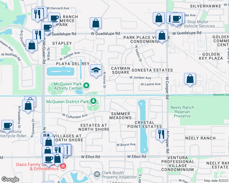 map of restaurants, bars, coffee shops, grocery stores, and more near 1135 West Heather Avenue in Gilbert