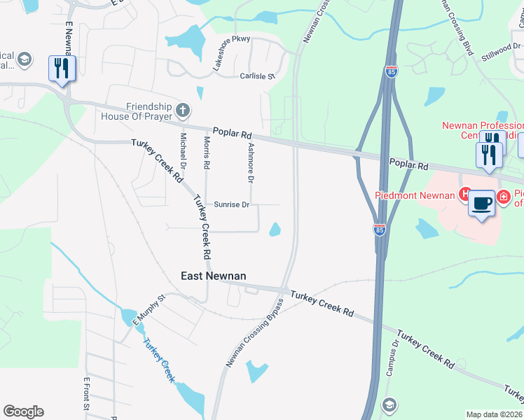 map of restaurants, bars, coffee shops, grocery stores, and more near 120 Morningside Drive in Newnan