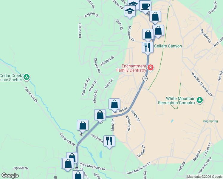 map of restaurants, bars, coffee shops, grocery stores, and more near 109 San Miguel Drive in Ruidoso
