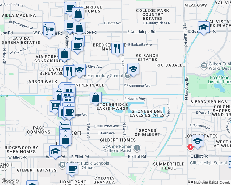 map of restaurants, bars, coffee shops, grocery stores, and more near 318 East Hearne Way in Gilbert