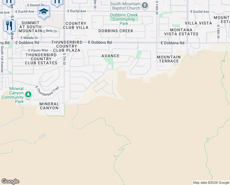 map of restaurants, bars, coffee shops, grocery stores, and more near Holbert Trail in Phoenix
