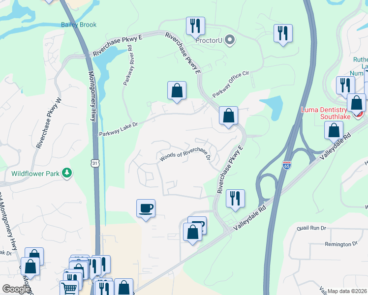 map of restaurants, bars, coffee shops, grocery stores, and more near 1560 Woods of Riverchase Drive in Hoover