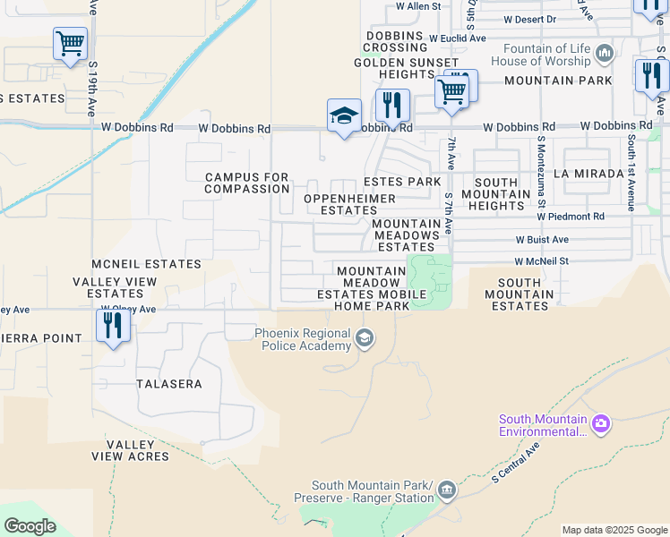 map of restaurants, bars, coffee shops, grocery stores, and more near 9859 South 11th Avenue in Phoenix