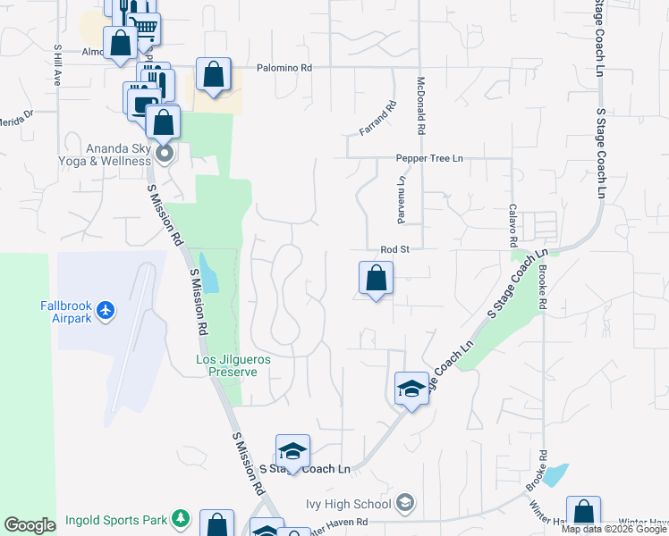 map of restaurants, bars, coffee shops, grocery stores, and more near 1984 Joseph Street in Fallbrook