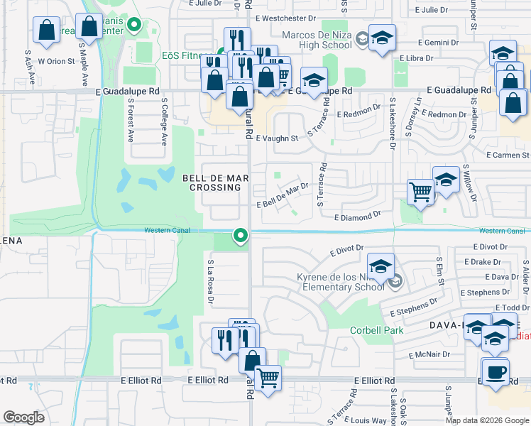 map of restaurants, bars, coffee shops, grocery stores, and more near 6821 South Jentilly Lane in Tempe