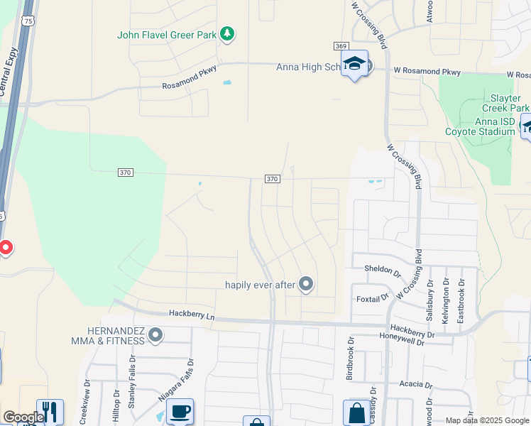 map of restaurants, bars, coffee shops, grocery stores, and more near 1-919 East Co Road 370 in Anna