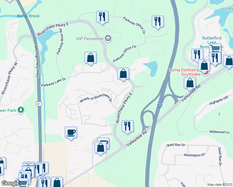 map of restaurants, bars, coffee shops, grocery stores, and more near 700 Garden Woods Drive in Hoover