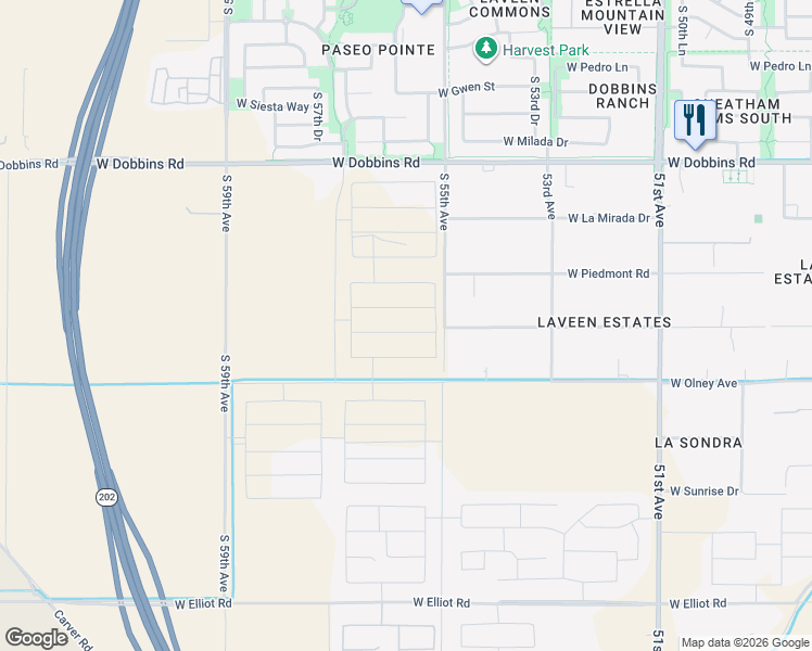 map of restaurants, bars, coffee shops, grocery stores, and more near 9801-9989 South 55th Avenue in Maricopa County