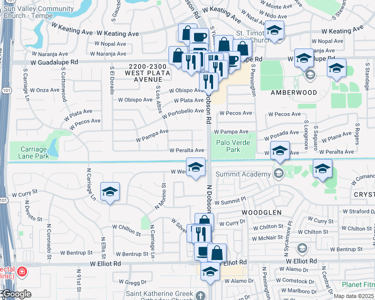 map of restaurants, bars, coffee shops, grocery stores, and more near 2107 West Peralta Avenue in Mesa