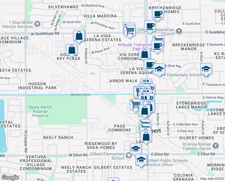 map of restaurants, bars, coffee shops, grocery stores, and more near Western Powerline Trail in Gilbert