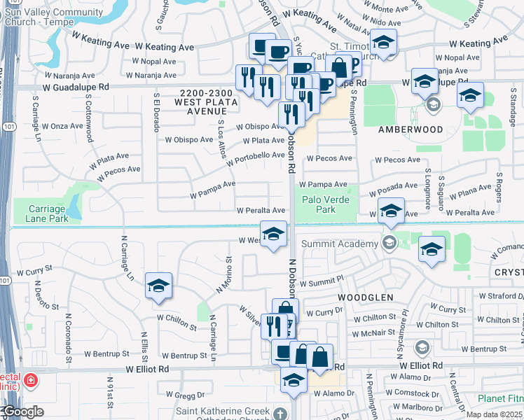 map of restaurants, bars, coffee shops, grocery stores, and more near 2107 West Peralta Avenue in Mesa