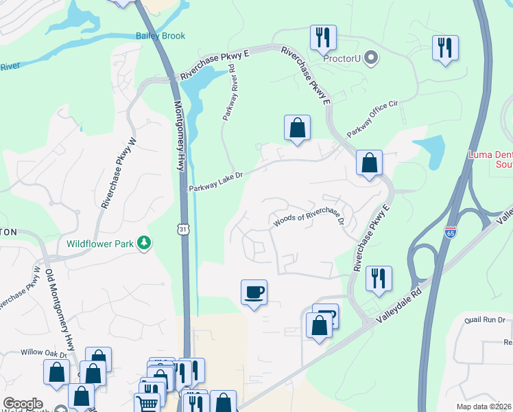 map of restaurants, bars, coffee shops, grocery stores, and more near 104 Summerchase Drive in Hoover