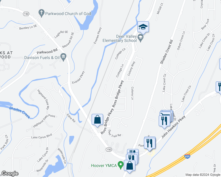 map of restaurants, bars, coffee shops, grocery stores, and more near 5443 Cottage Lane in Hoover