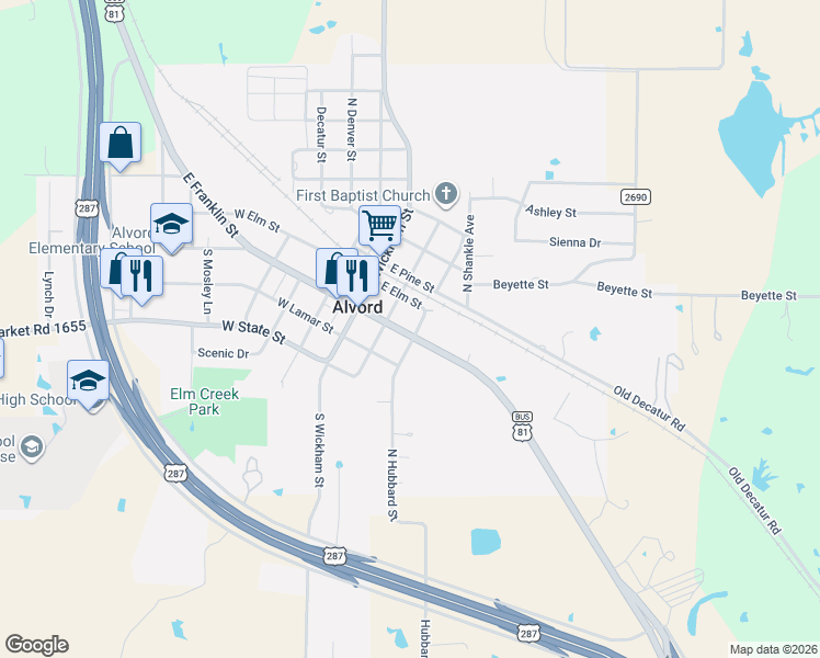 map of restaurants, bars, coffee shops, grocery stores, and more near 205 East Franklin Street in Alvord