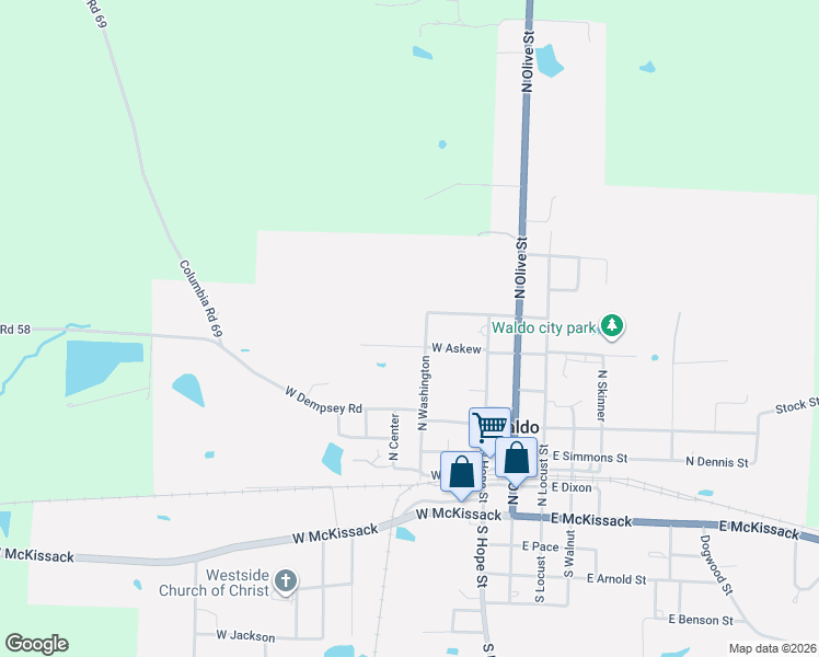 map of restaurants, bars, coffee shops, grocery stores, and more near 303 West Askew in Waldo