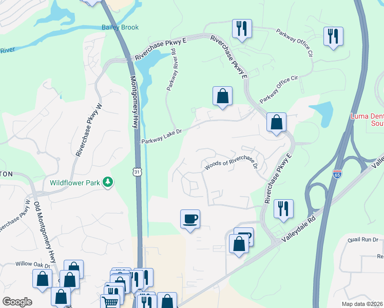 map of restaurants, bars, coffee shops, grocery stores, and more near 104 Summerchase Drive in Hoover