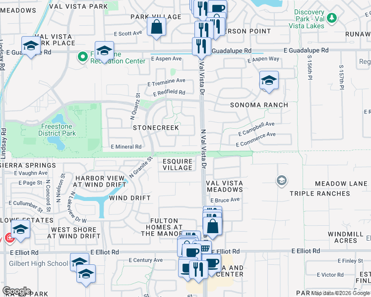 map of restaurants, bars, coffee shops, grocery stores, and more near 1520 East Hearne Way in Gilbert