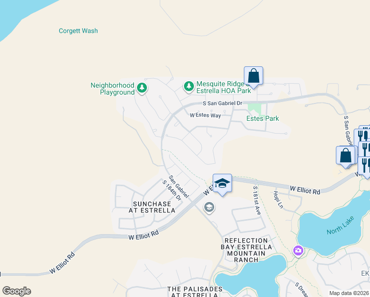 map of restaurants, bars, coffee shops, grocery stores, and more near 9895 South 183rd Lane in Goodyear