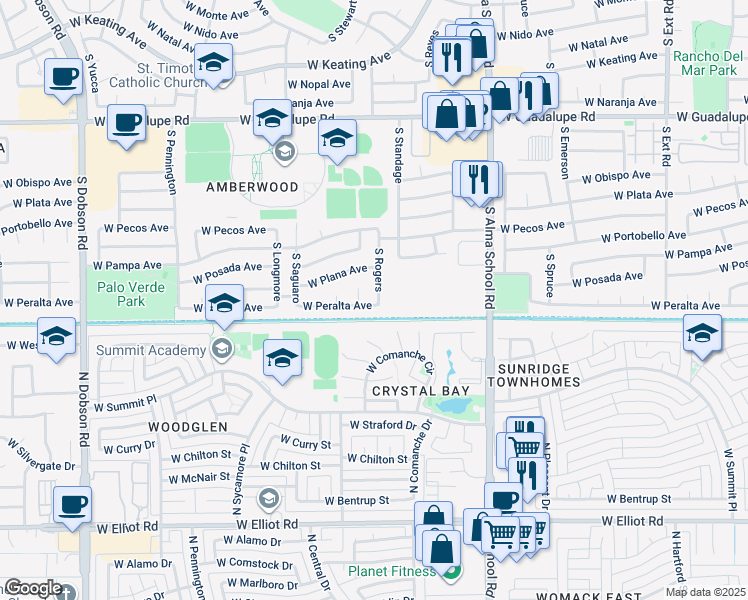 map of restaurants, bars, coffee shops, grocery stores, and more near 1429 West Peralta Avenue in Mesa