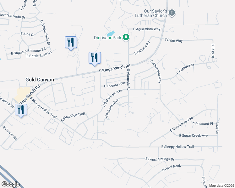 map of restaurants, bars, coffee shops, grocery stores, and more near 9913 East Palermo Avenue in Gold Canyon