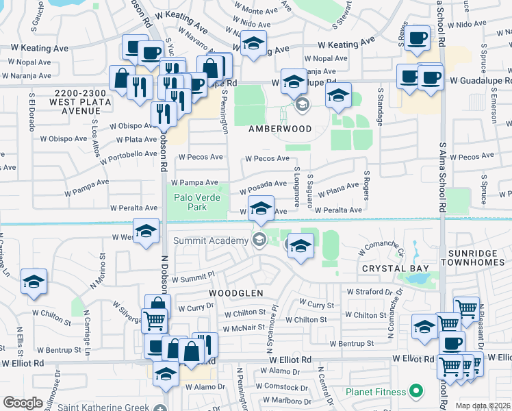 map of restaurants, bars, coffee shops, grocery stores, and more near 1733 West Peralta Avenue in Mesa
