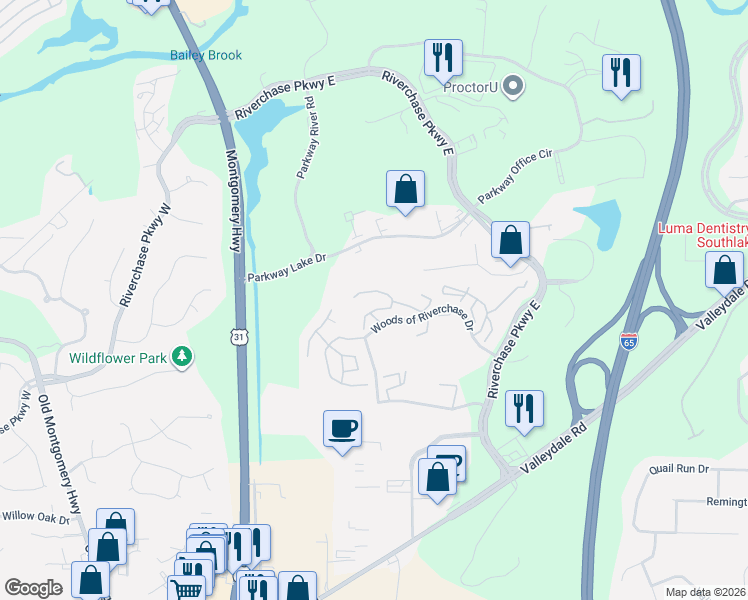 map of restaurants, bars, coffee shops, grocery stores, and more near 1404 Gables Drive in Hoover