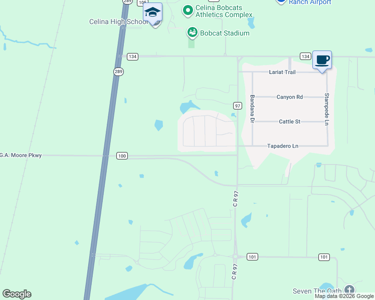 map of restaurants, bars, coffee shops, grocery stores, and more near 10279 County Road 100 in Celina