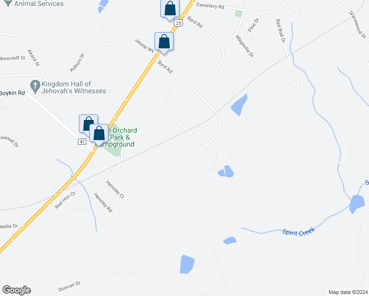 map of restaurants, bars, coffee shops, grocery stores, and more near 3910 Byrd Road in Augusta