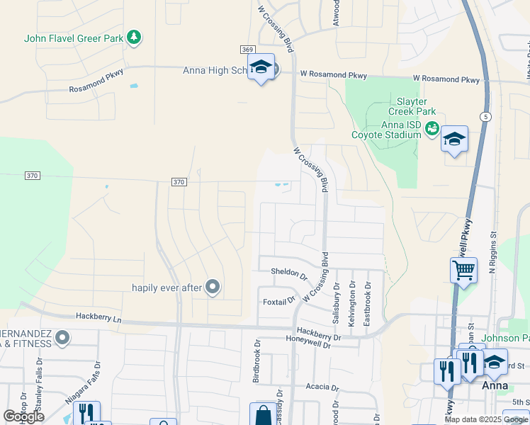 map of restaurants, bars, coffee shops, grocery stores, and more near in Anna