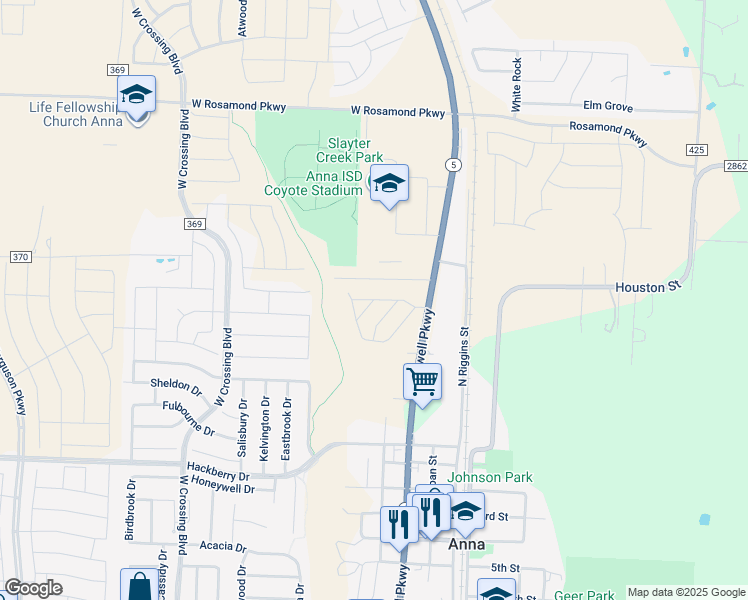map of restaurants, bars, coffee shops, grocery stores, and more near Roseway Street in Anna