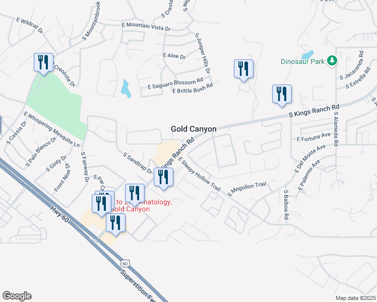 map of restaurants, bars, coffee shops, grocery stores, and more near 8800 East Avenida Las Noches in Gold Canyon