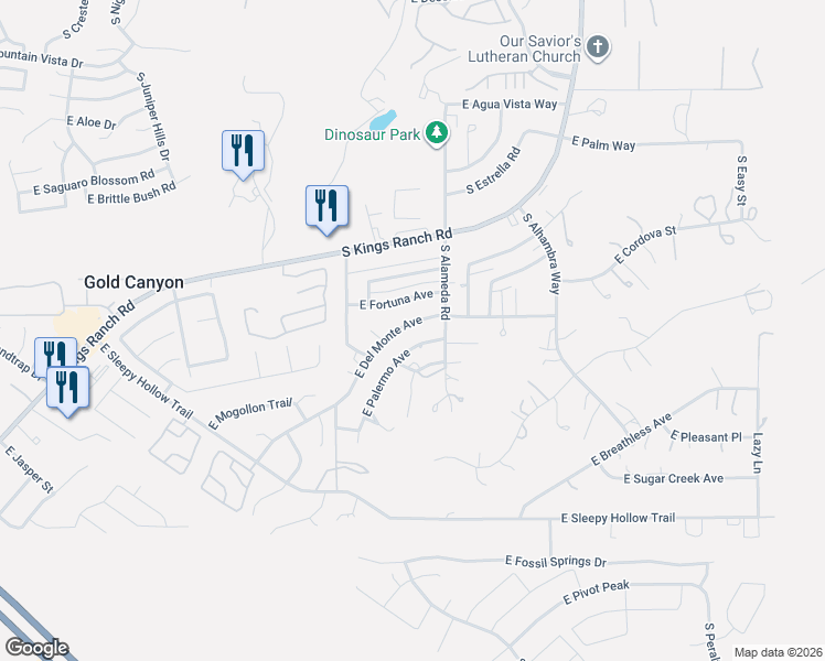 map of restaurants, bars, coffee shops, grocery stores, and more near 9883 East Fortuna Avenue in Gold Canyon