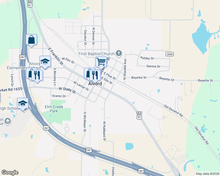 map of restaurants, bars, coffee shops, grocery stores, and more near 122 East Elm Street in Alvord