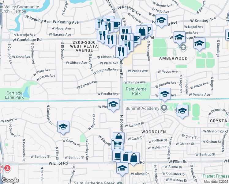 map of restaurants, bars, coffee shops, grocery stores, and more near 2032 West Posada Circle in Mesa
