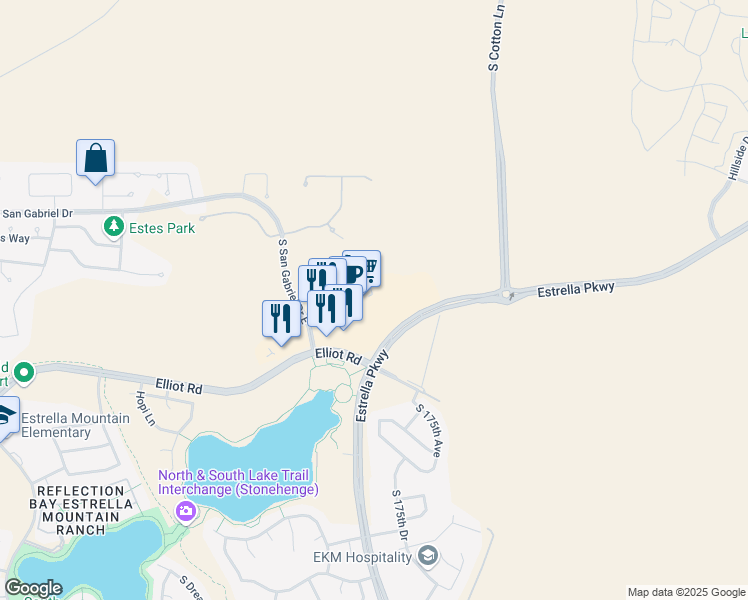 map of restaurants, bars, coffee shops, grocery stores, and more near 9860 South Estrella Parkway in Goodyear