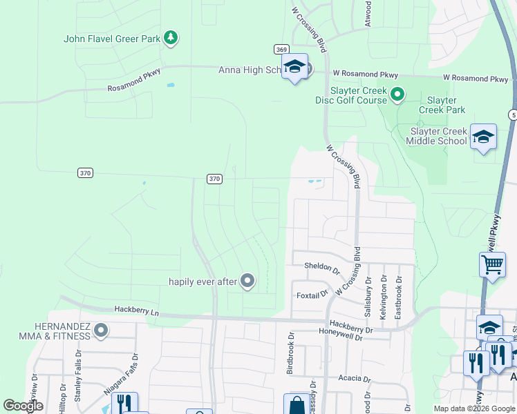 map of restaurants, bars, coffee shops, grocery stores, and more near 913 Tartane Drive in Anna