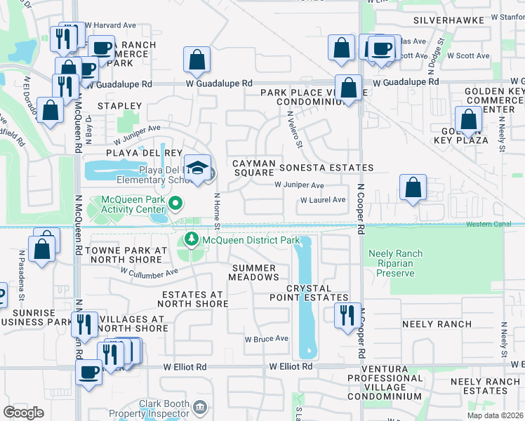 map of restaurants, bars, coffee shops, grocery stores, and more near 1074 West Laurel Avenue in Gilbert