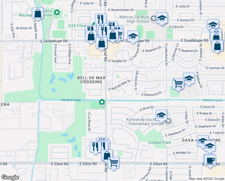 map of restaurants, bars, coffee shops, grocery stores, and more near 6752 South Bonarden Lane in Tempe