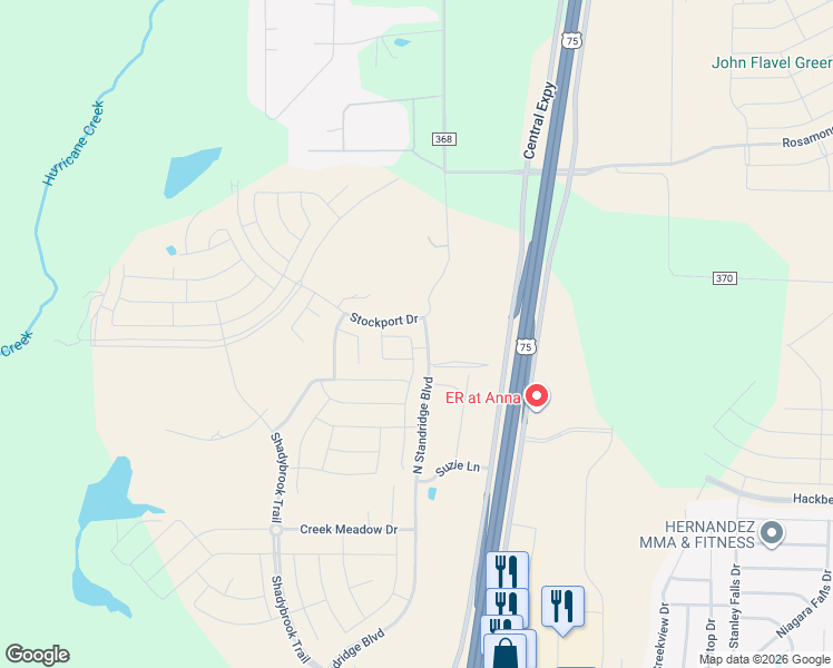 map of restaurants, bars, coffee shops, grocery stores, and more near 756 Thorn Creek Drive in Anna