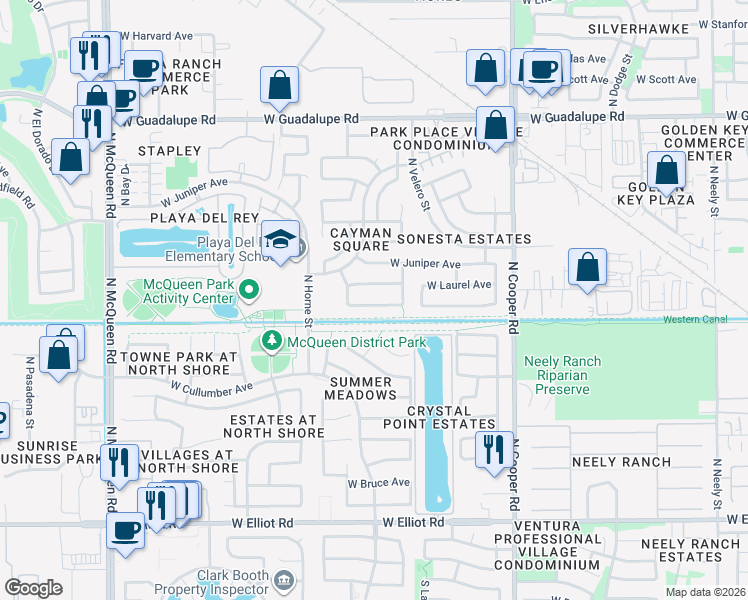 map of restaurants, bars, coffee shops, grocery stores, and more near 1074 West Laurel Avenue in Gilbert