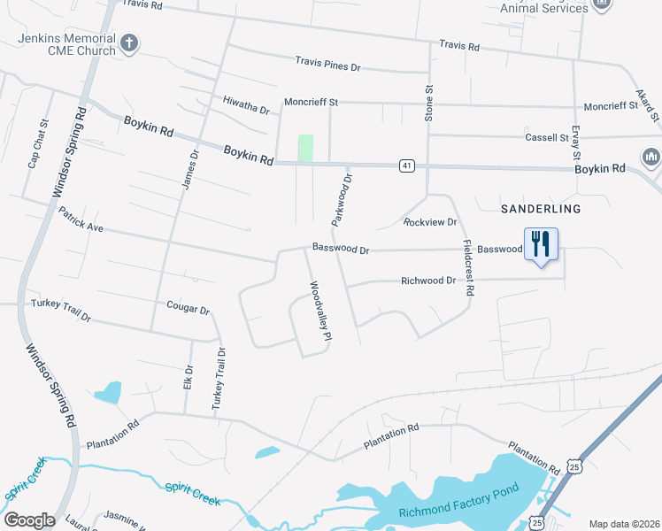 map of restaurants, bars, coffee shops, grocery stores, and more near 2329 Basswood Drive in Augusta