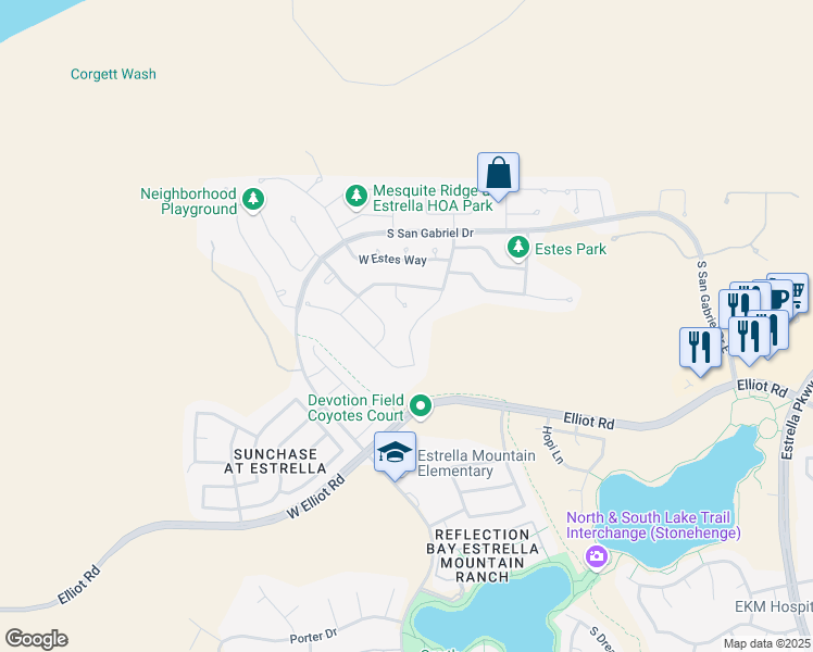 map of restaurants, bars, coffee shops, grocery stores, and more near 9756 South 182nd Drive in Goodyear