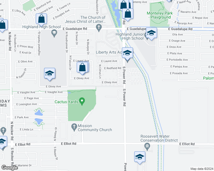 map of restaurants, bars, coffee shops, grocery stores, and more near 4675 East Olney Avenue in Gilbert