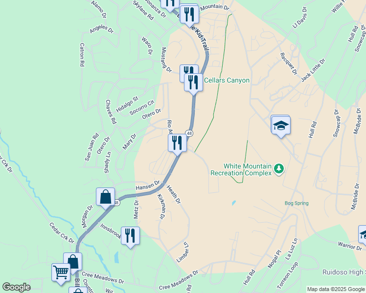 map of restaurants, bars, coffee shops, grocery stores, and more near Mechem Drive in Ruidoso
