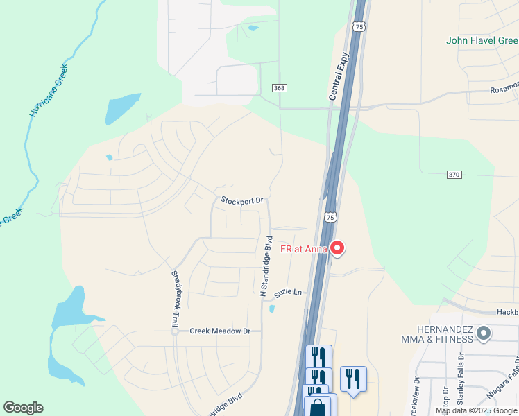 map of restaurants, bars, coffee shops, grocery stores, and more near 756 Thorn Creek Drive in Anna