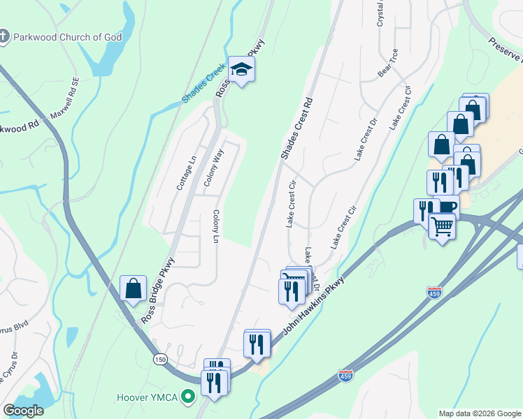 map of restaurants, bars, coffee shops, grocery stores, and more near 74 Shades Crest Road in Birmingham