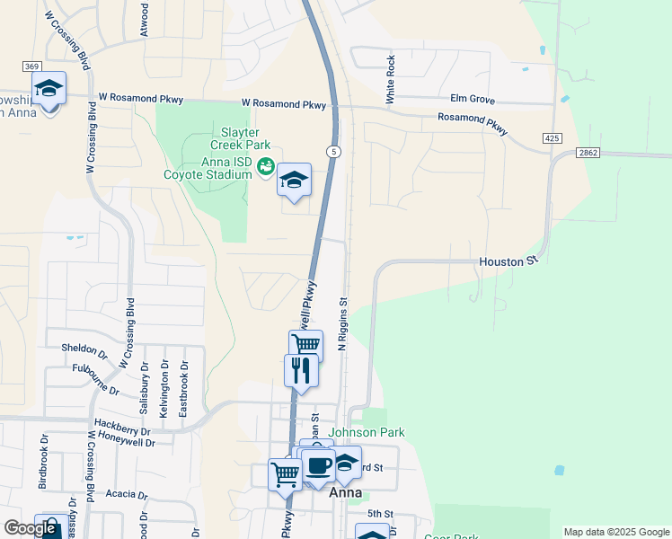 map of restaurants, bars, coffee shops, grocery stores, and more near 1109 North Riggins Street in Anna