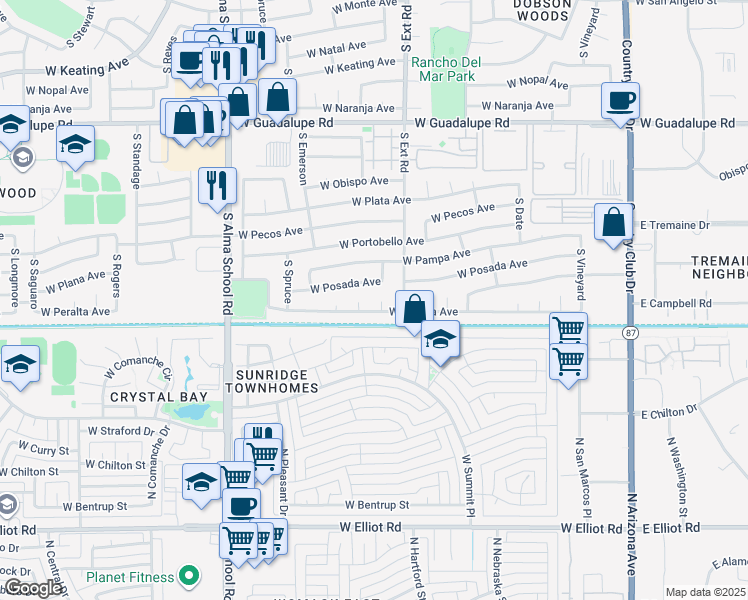 map of restaurants, bars, coffee shops, grocery stores, and more near 861 West Posada Avenue in Mesa