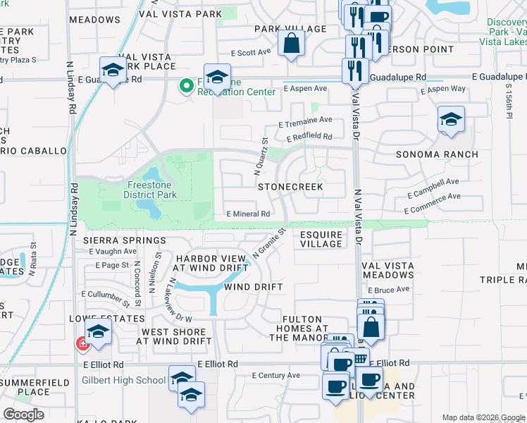 map of restaurants, bars, coffee shops, grocery stores, and more near 425 North Quartz Street in Gilbert