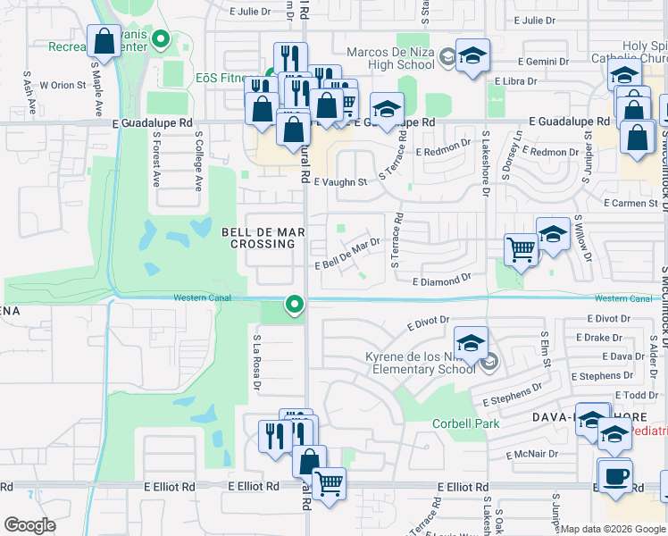 map of restaurants, bars, coffee shops, grocery stores, and more near 6752 South Bonarden Lane in Tempe